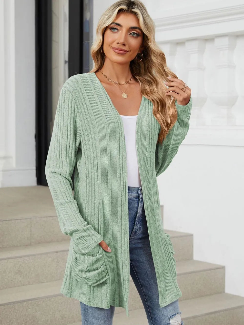 Pocketed Open Front Long Sleeve Cardigan (40)