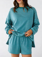 Casual Striped Long Sleeve Top Shorts Set