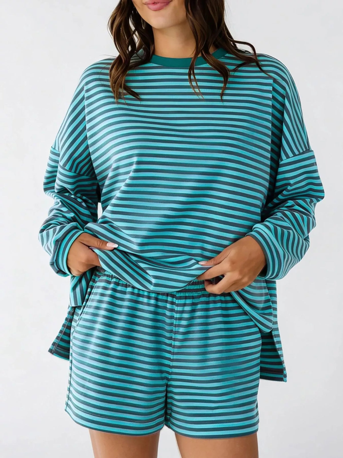 Casual Striped Long Sleeve Top Shorts Set