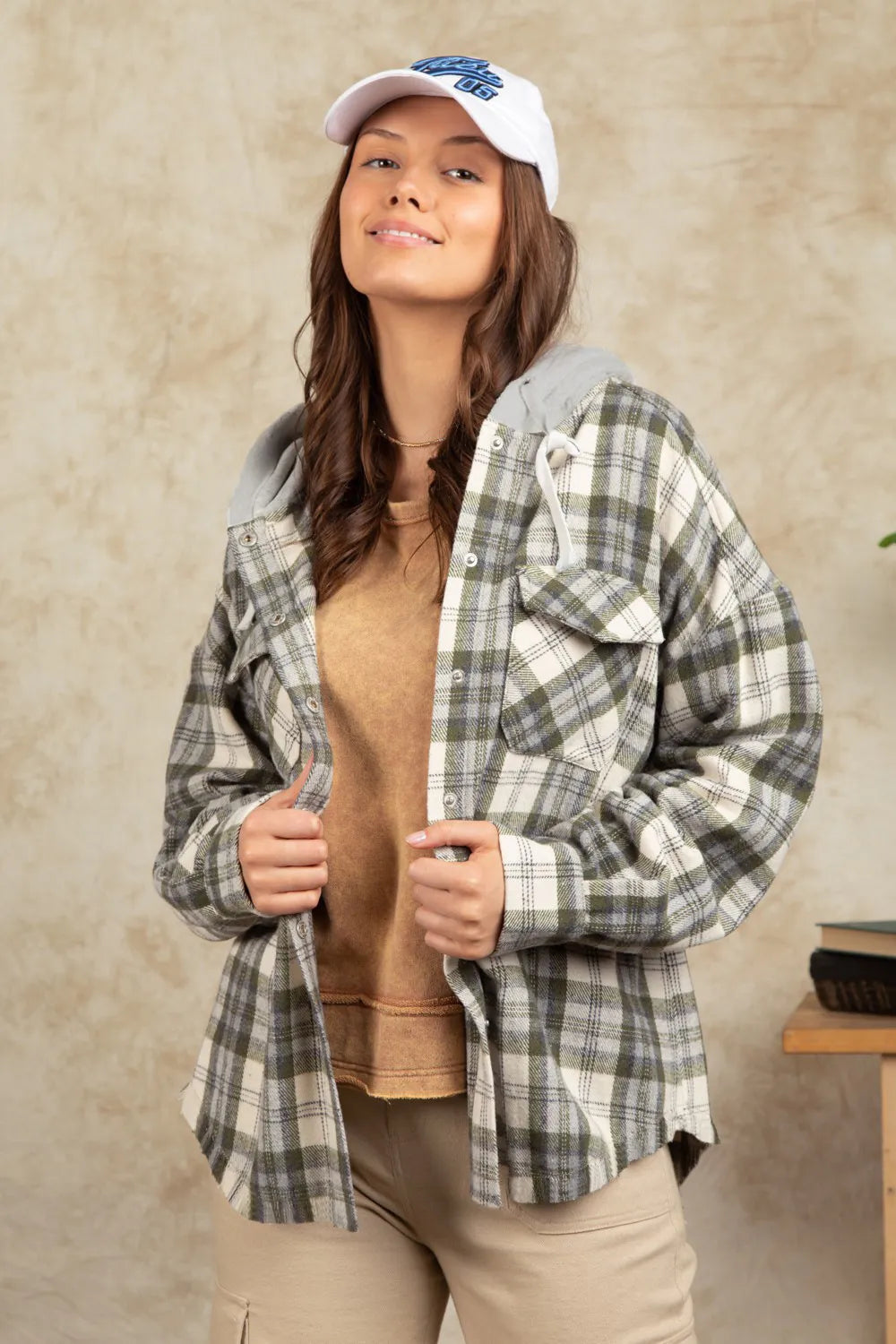 Drawstring Plaid Long Sleeve Hooded Jacket (7)