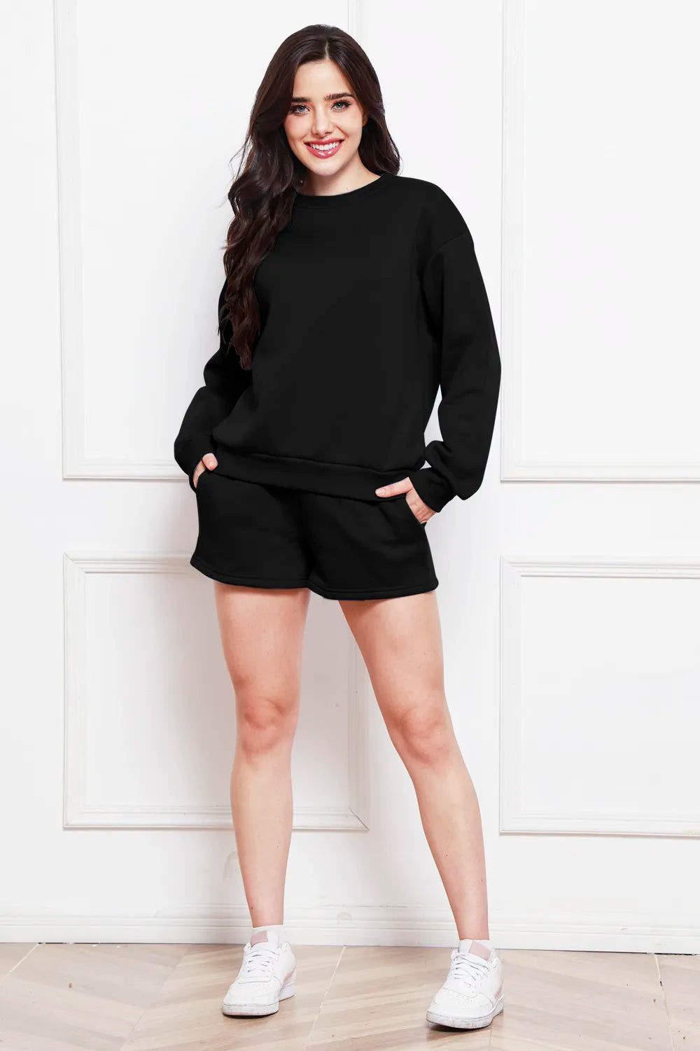 Round Neck Long Sleeve Sweatshirt Drawstring Shorts Set (7)