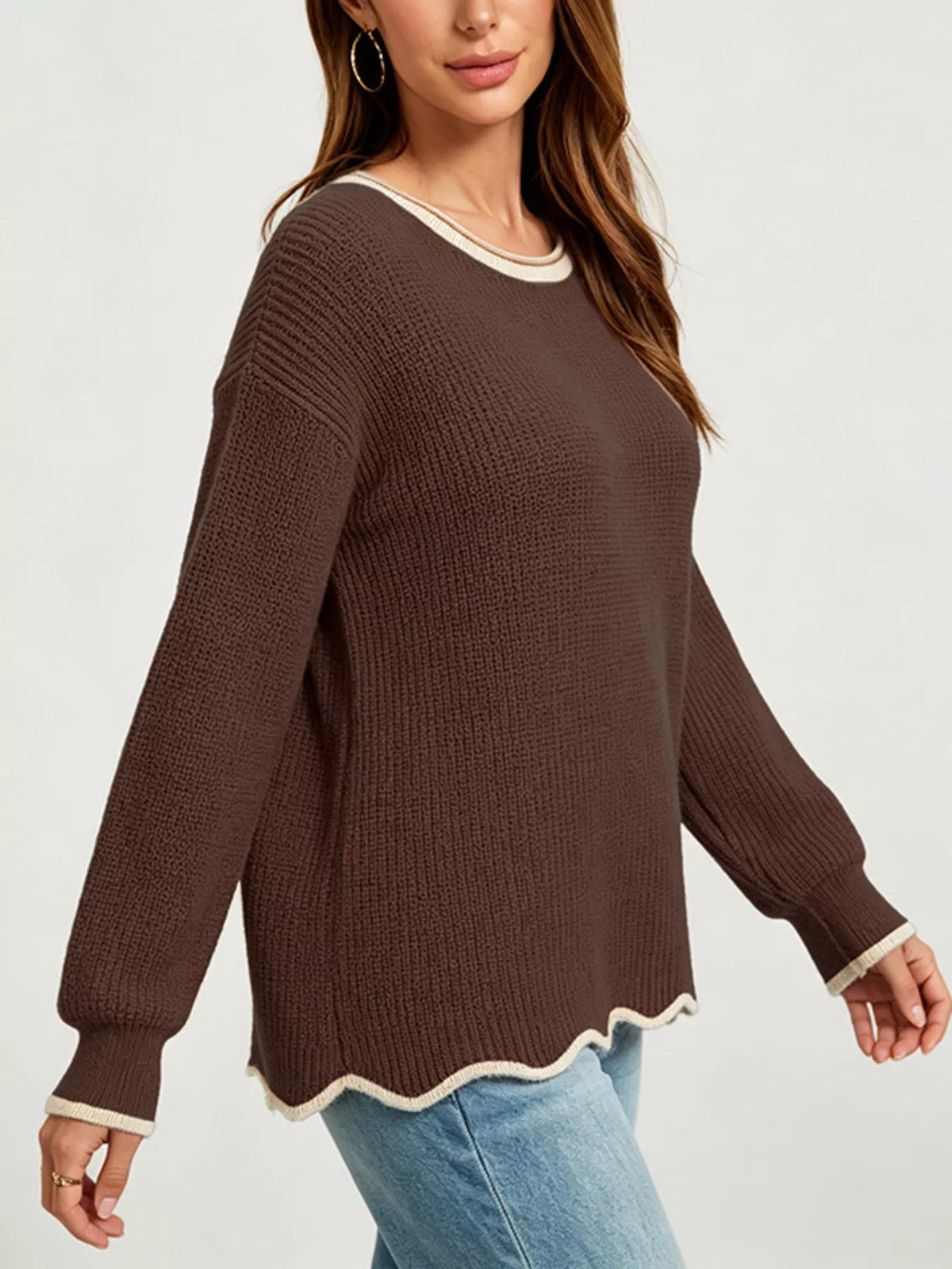 Contrast Trim Scalloped Hem Ribbed Knit Sweater (2)