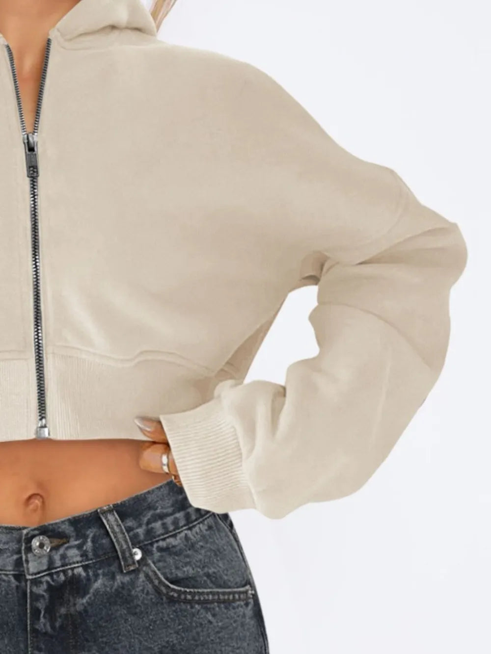 Zip Up Long Sleeve Hooded Cropped Jacket (15)