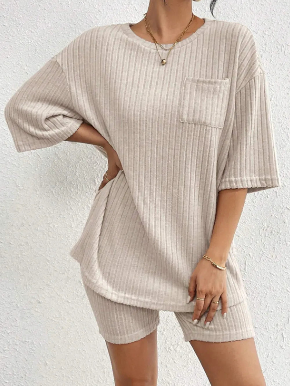Ribbed Round Neck Top Shorts Set (12)