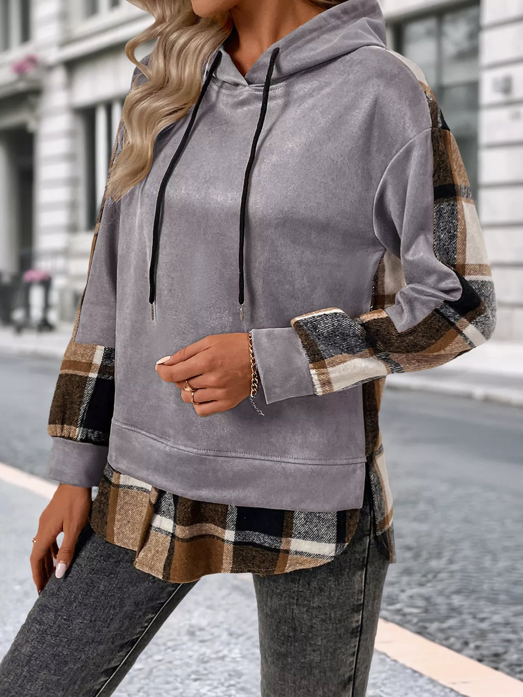 Plaid Drawstring Long Sleeve Hoodie (11)