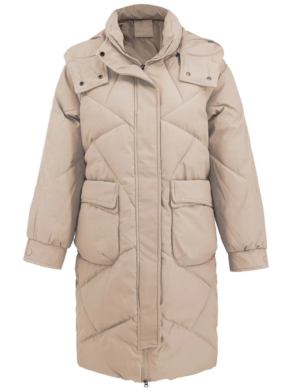Long Sleeve Longline Hooded Winter Coat Pockets (7)