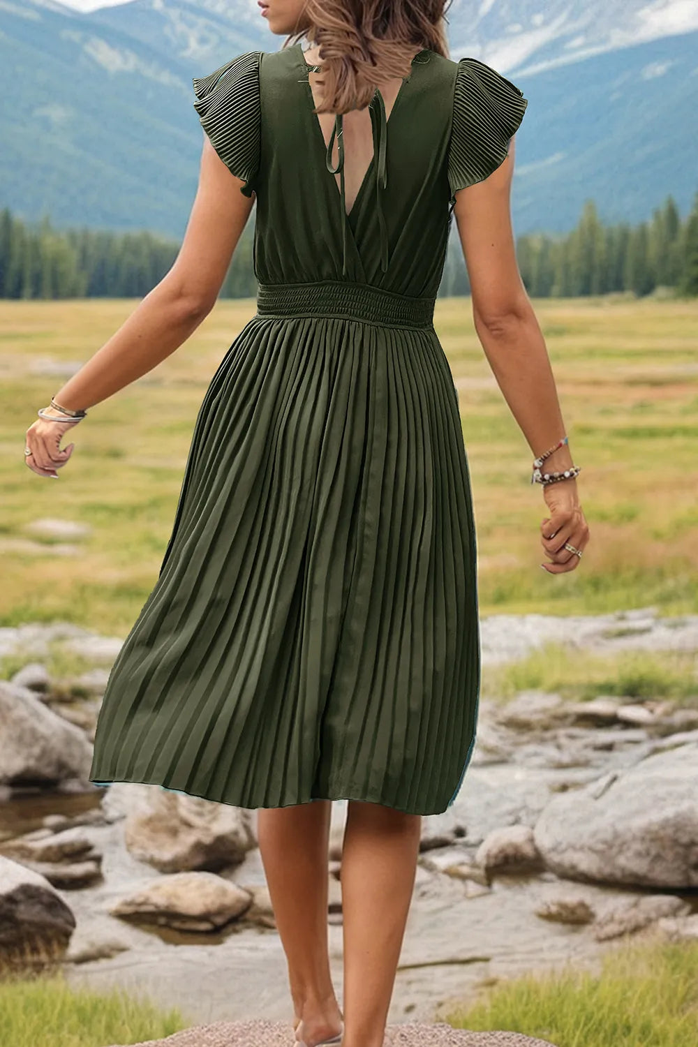 Tied Smocked Waist Flutter Sleeve Dress (20)