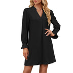 Solid Color V-neck Loose Lotus Leaf Long Sleeve Dress photo 2