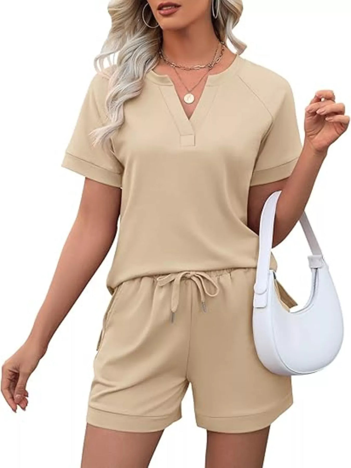 Solid Color Short Sleeve Top Shorts Two-piece Set (5)