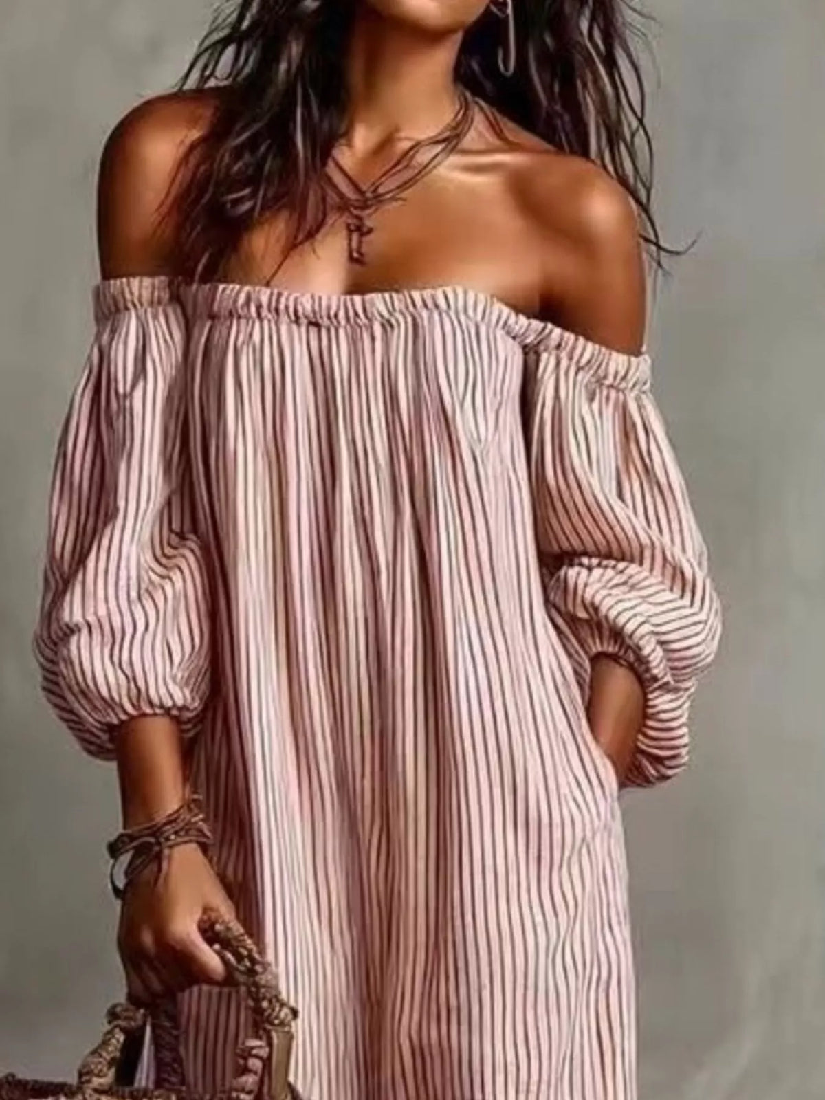 Full Size Off-shoulder Striped Maxi Dress Puff Sleeves Plus (5)