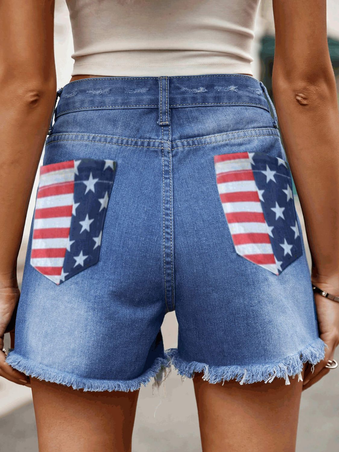 American Flag Raw Hem Denim Shorts Pockets (4)