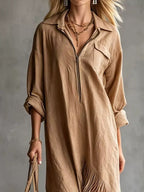 Fringe Hem Zip-up Shirt Dress (12)