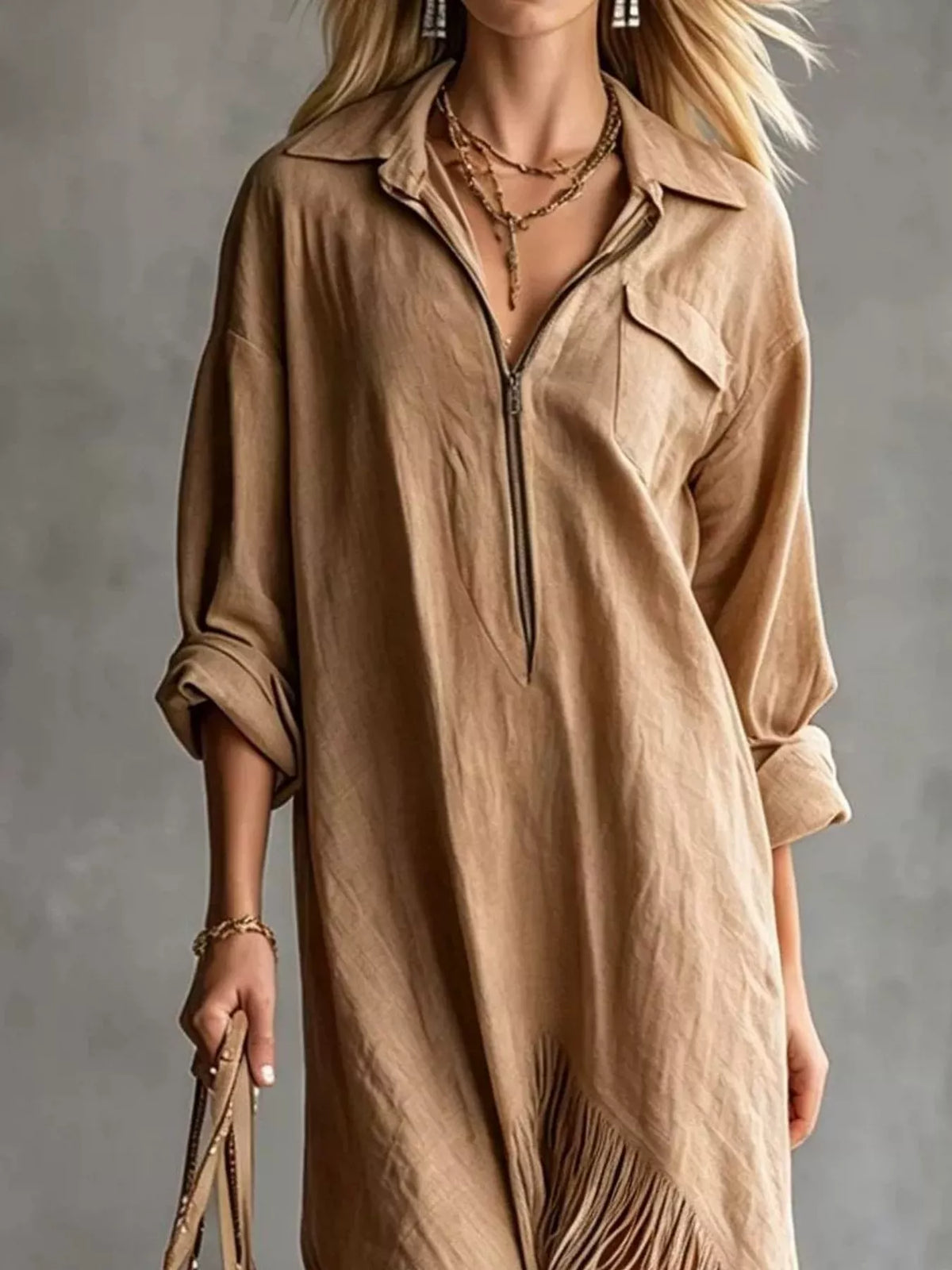 Fringe Hem Zip-up Shirt Dress (12)