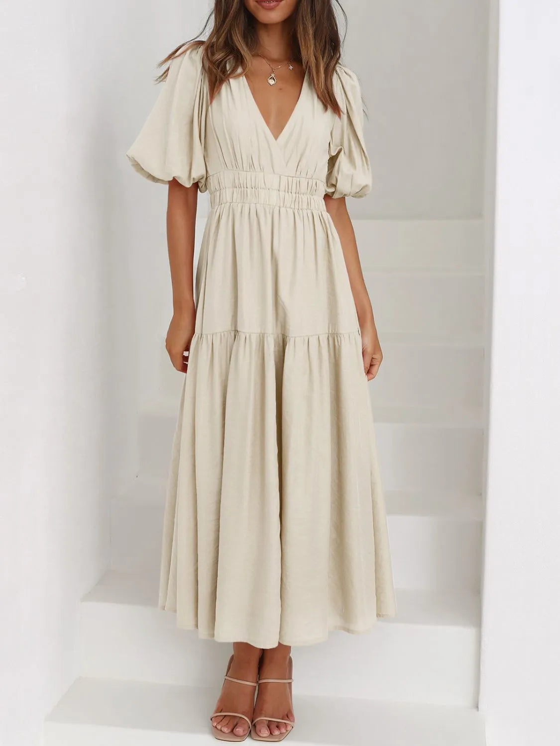 V-neck Puff Sleeve Midi Dress (10)