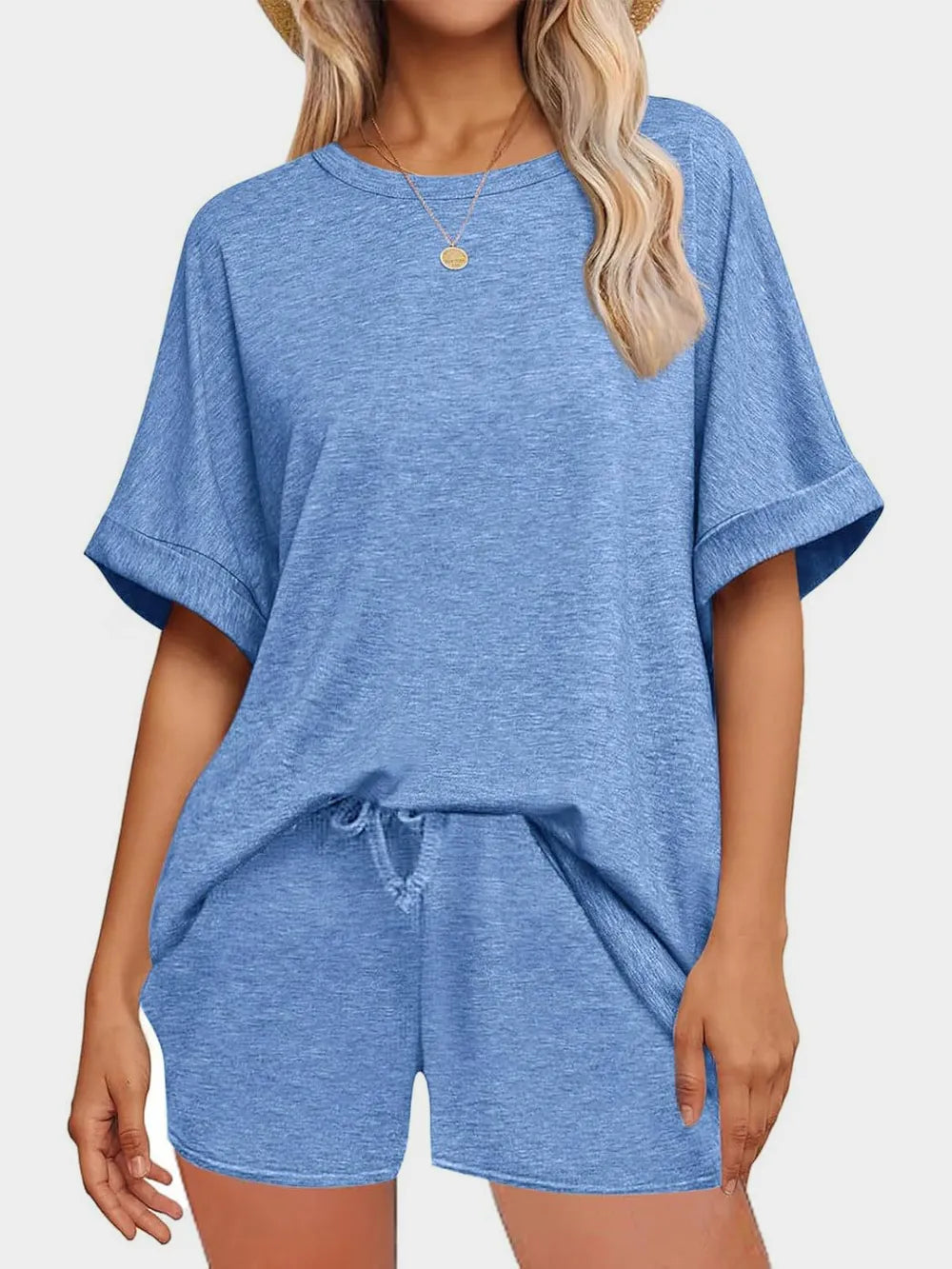 Round Neck T-shirt Drawstring Shorts Set (13)