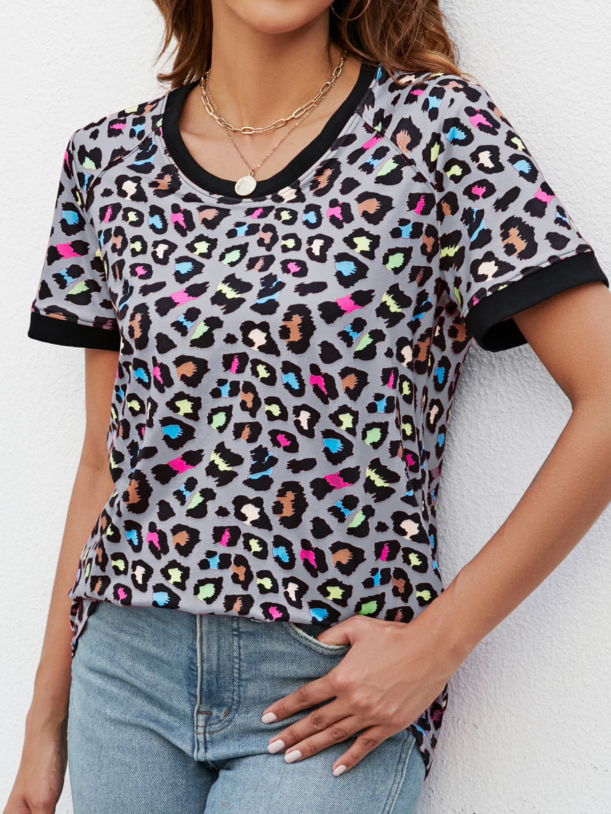 Leopard Round Neck Short Sleeve Tee Shirt (7)