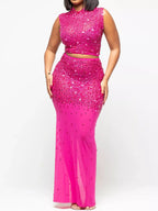 Rhinestone Sleeveless Top Skirt Set (2)