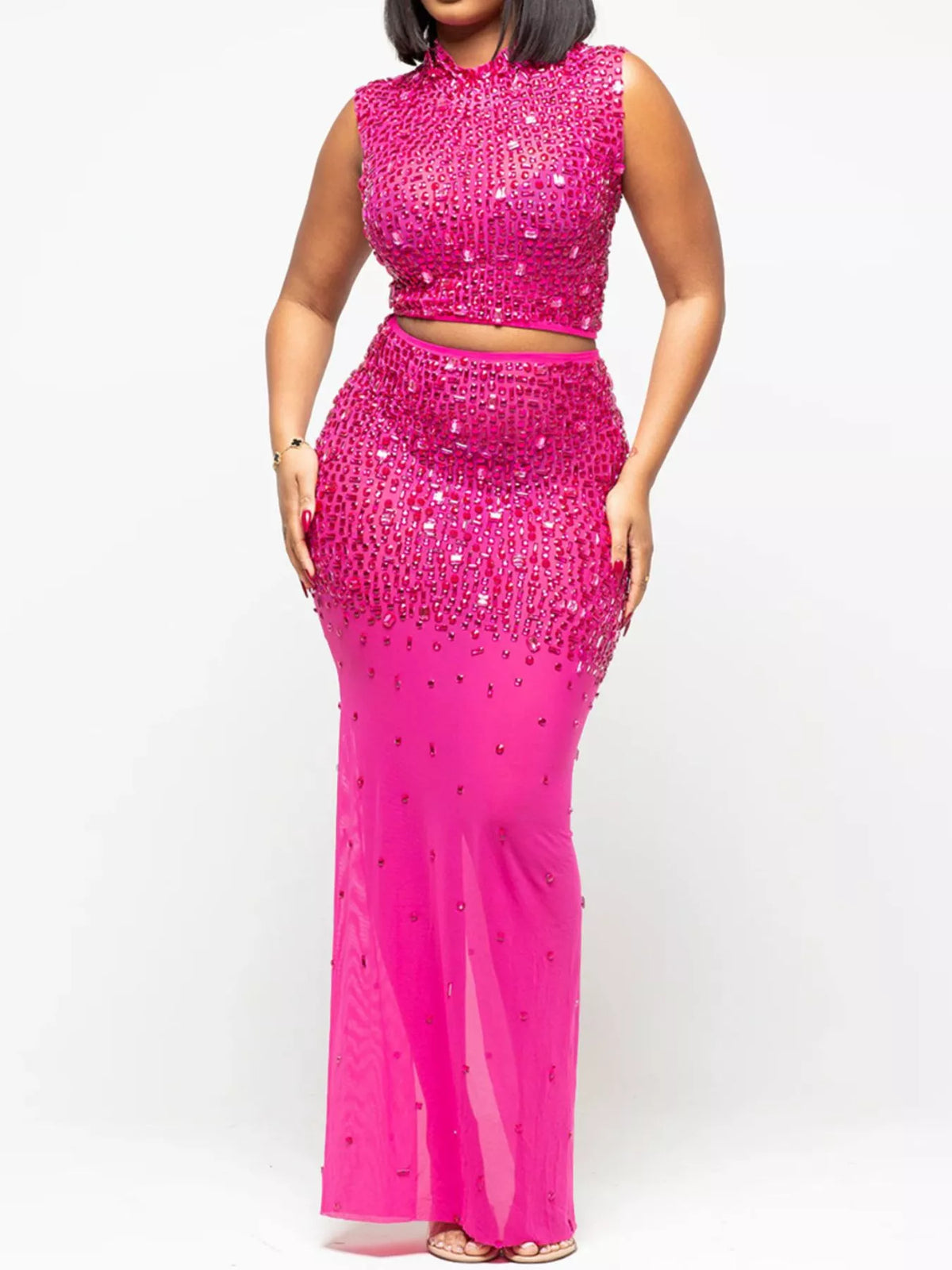 Rhinestone Sleeveless Top Skirt Set (2)