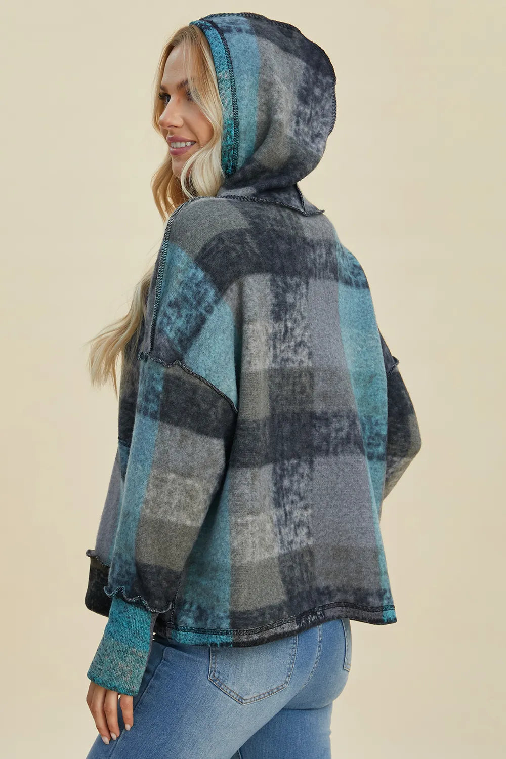 Full Size Plaid Dropped Shoulder Fleece Hoodie Plus (9)