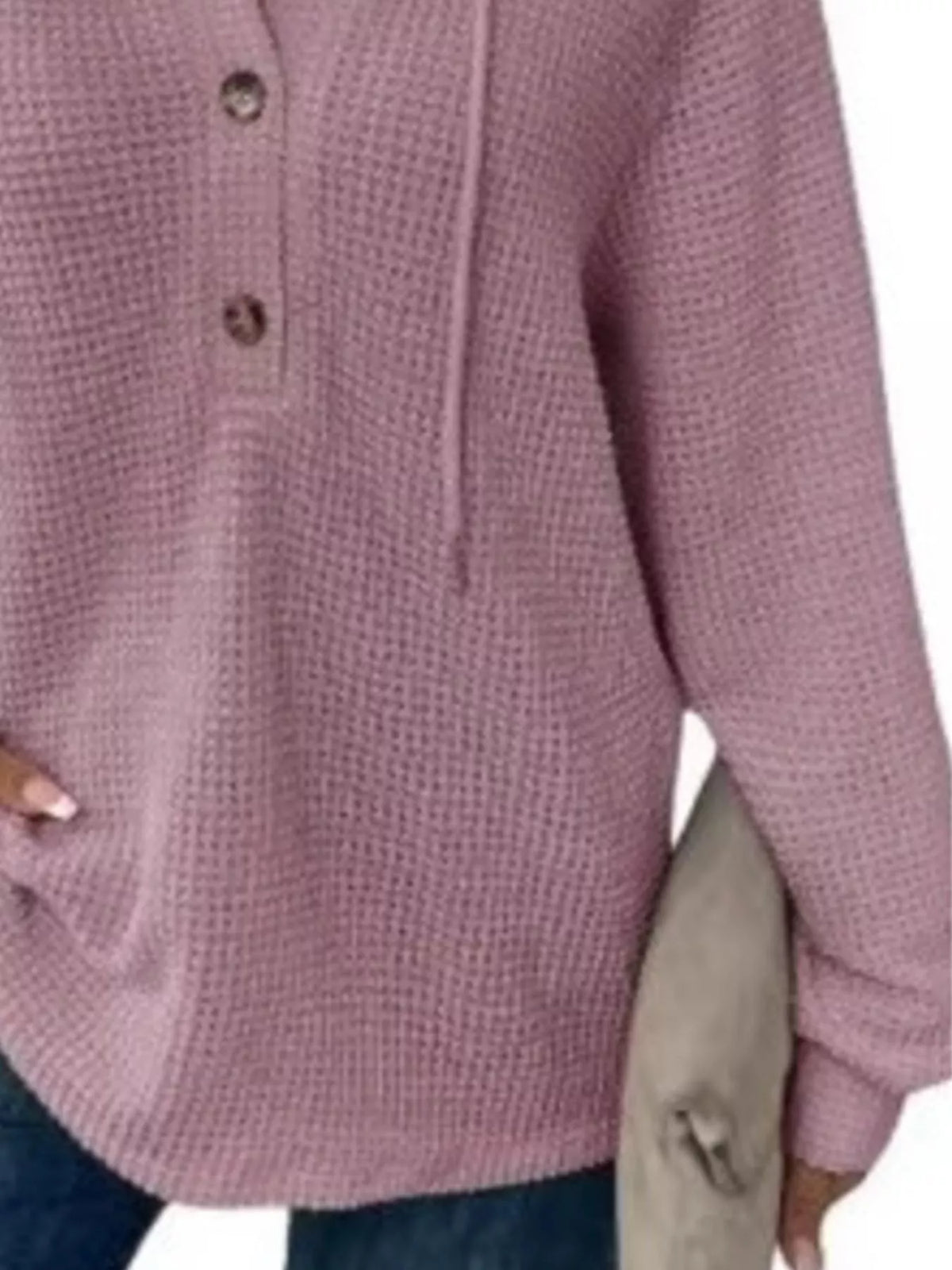 Full Size Button Detail Waffle Knit Hoodie Plus (11)