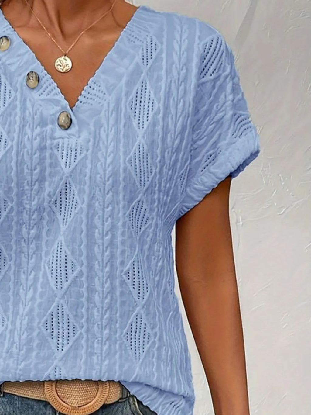 Textured V-neck Short Sleeve Top (18)