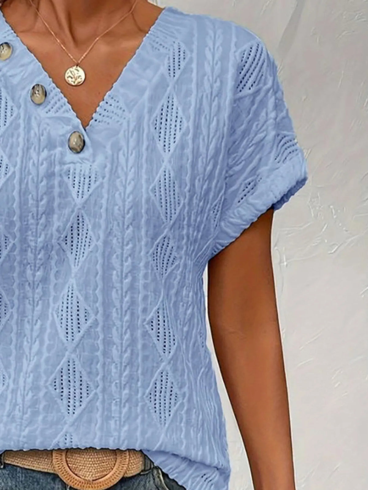 Textured V-neck Short Sleeve Top (18)