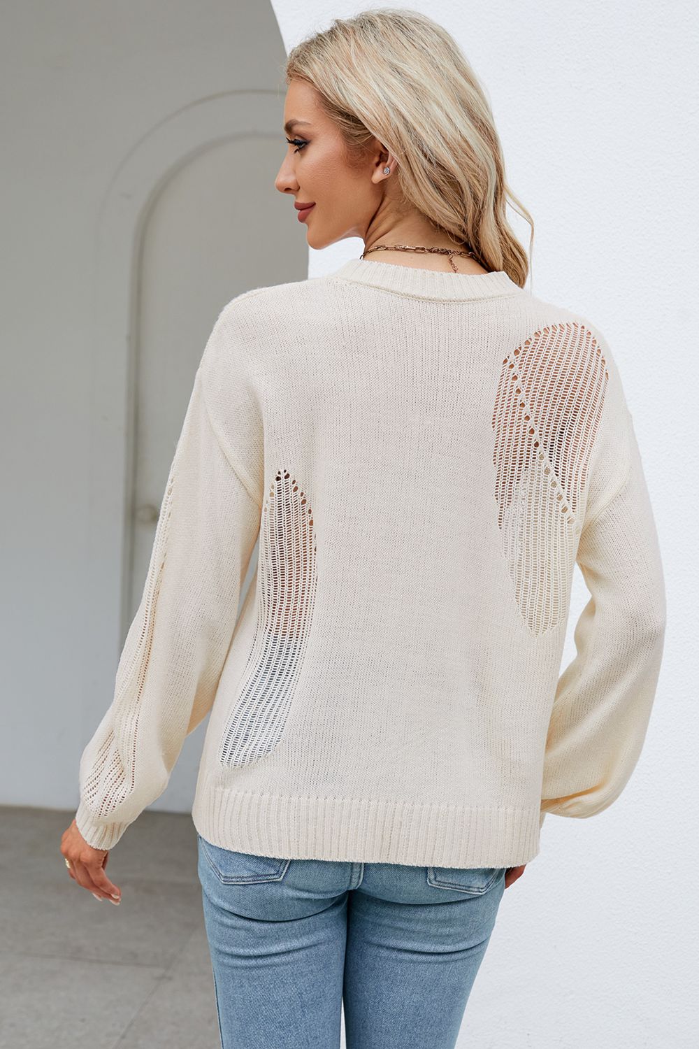 Openwork Round Neck Dropped Shoulder Knit Top (16)