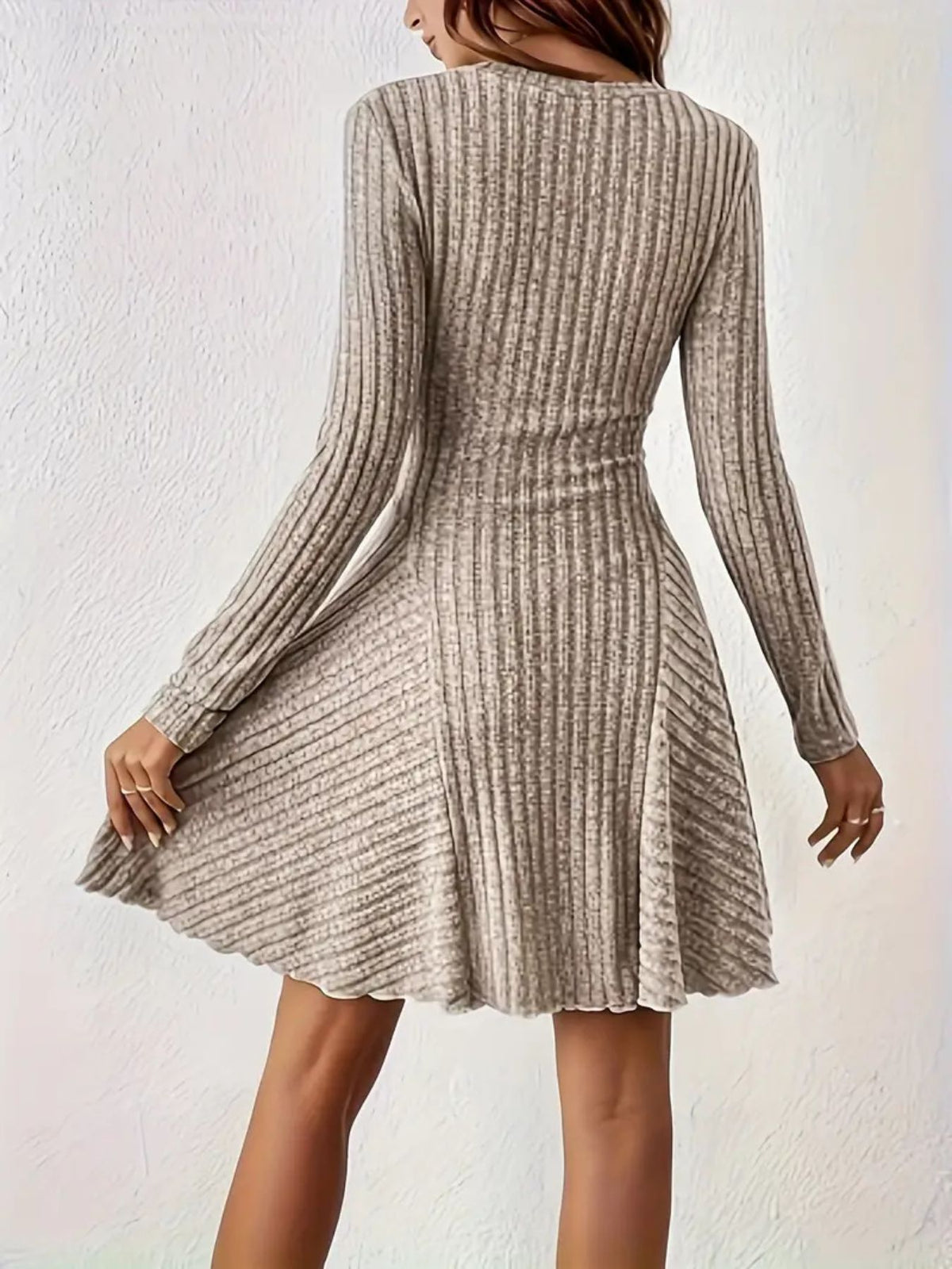 Ribbed Knit Long Sleeve A-line Dress (12)