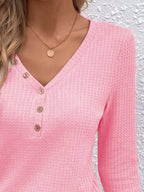 Waffle Knit Button-detail V-neck T-shirt (5)