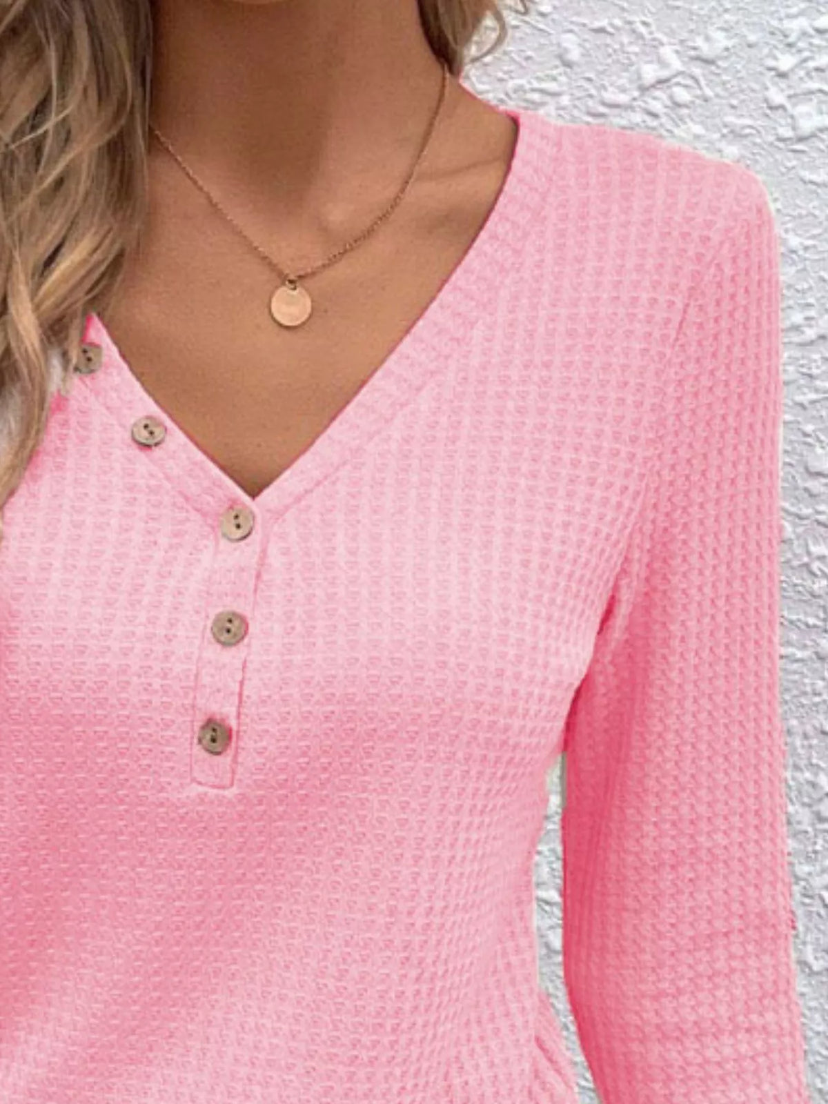 Waffle Knit Button-detail V-neck T-shirt (5)