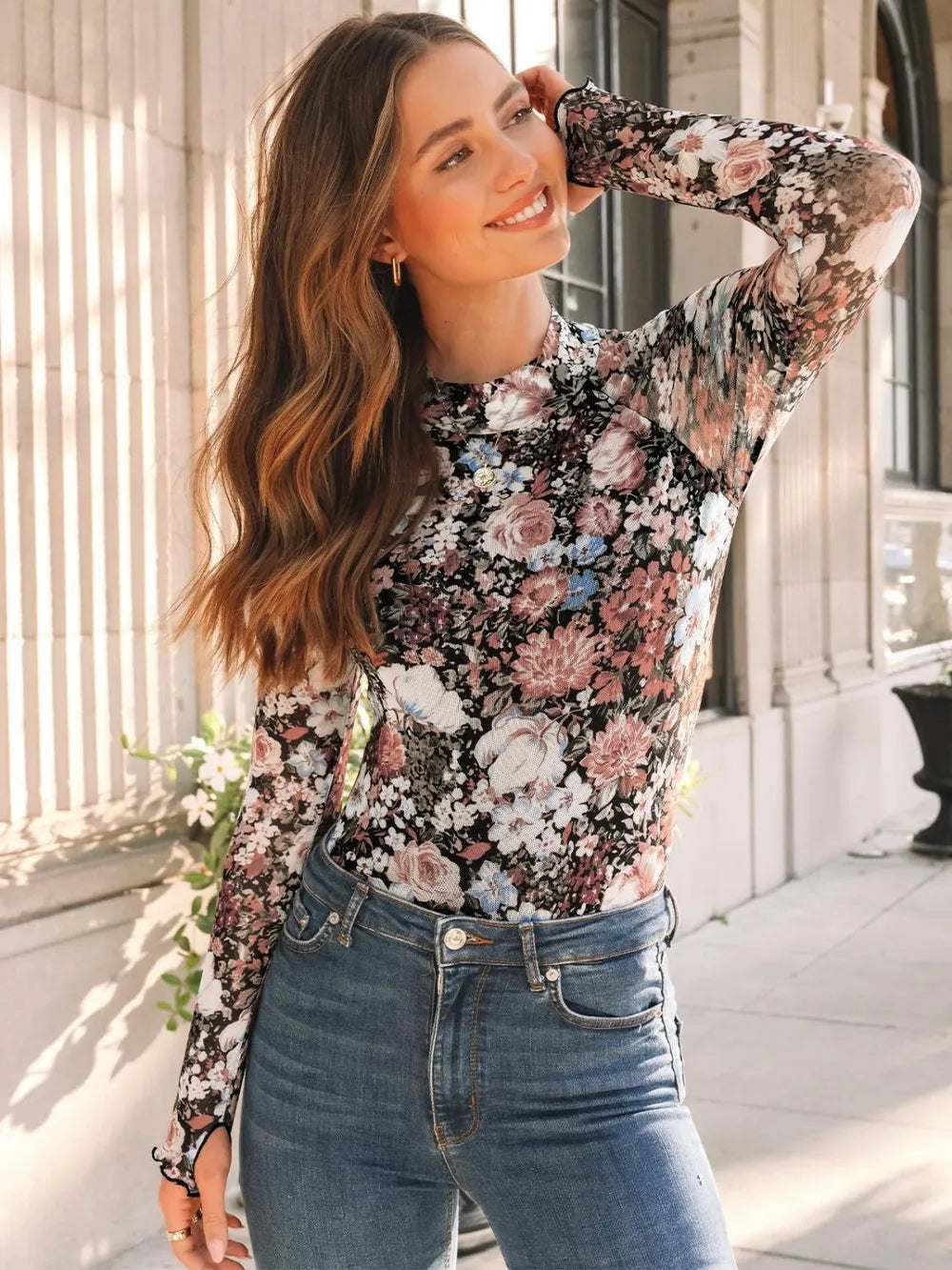Floral Mock Neck Long Sleeve T-shirt (2)