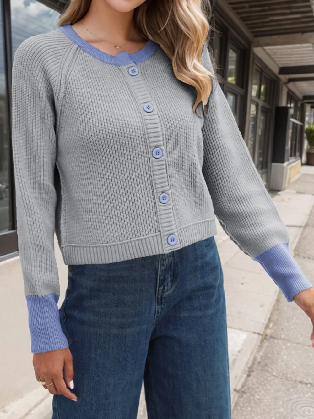 Contrast Button Up Long Sleeve Cardigan (6)