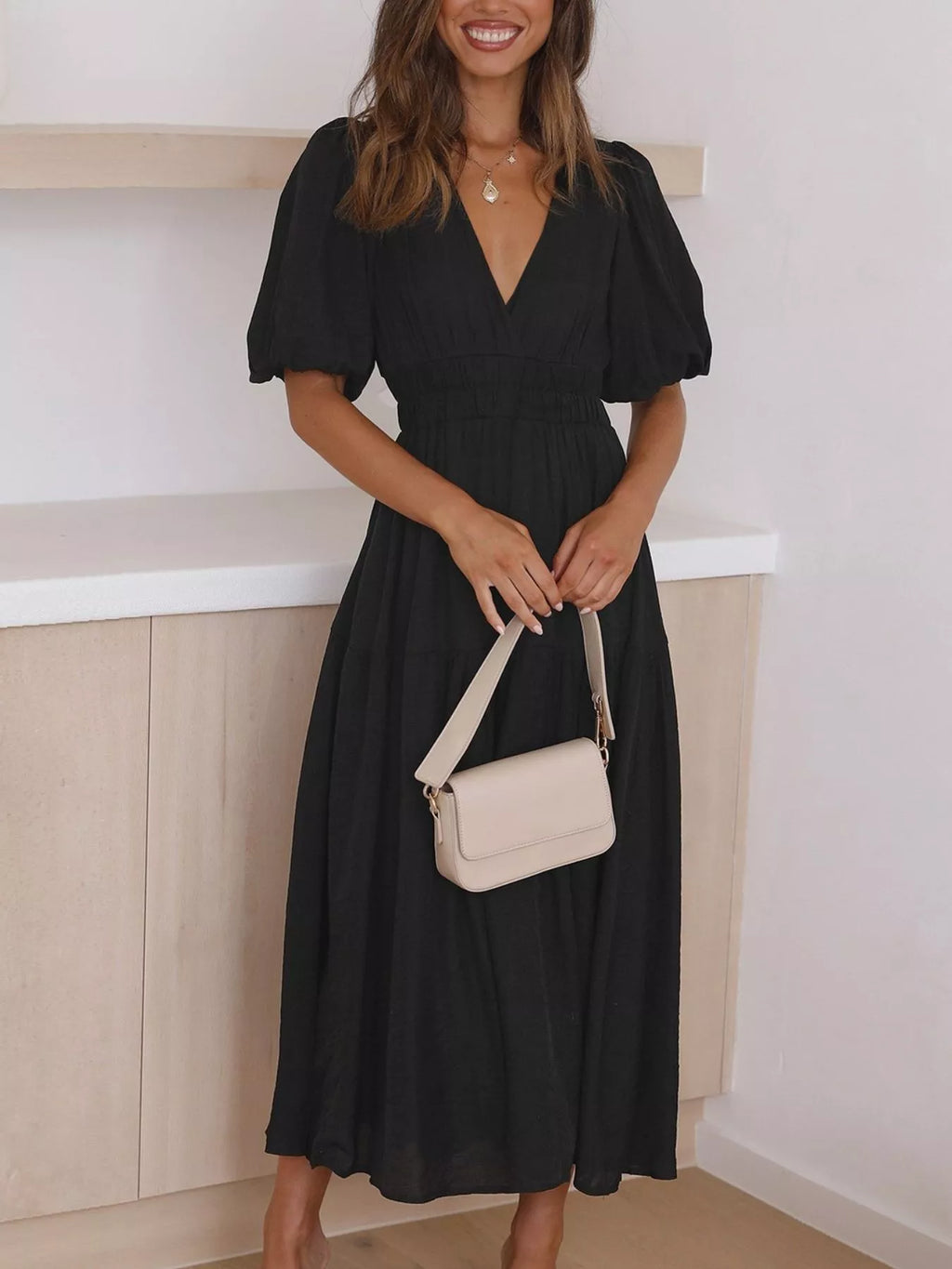 V-neck Puff Sleeve Midi Dress (12)