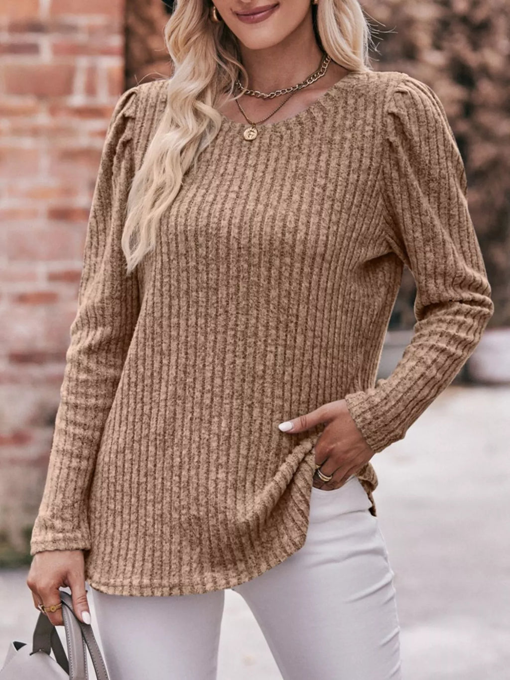 Ribbed Knit Puff Sleeve T-shirt (25)