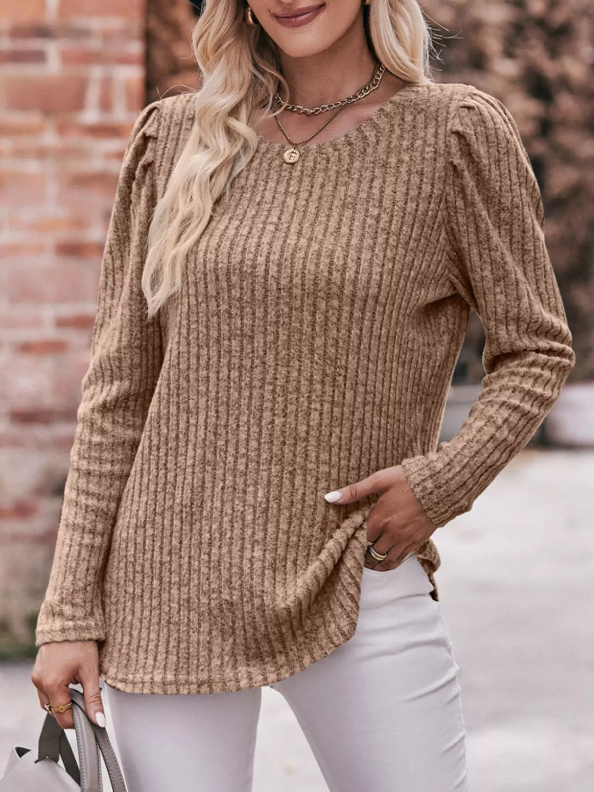 Ribbed Knit Puff Sleeve T-shirt (25)
