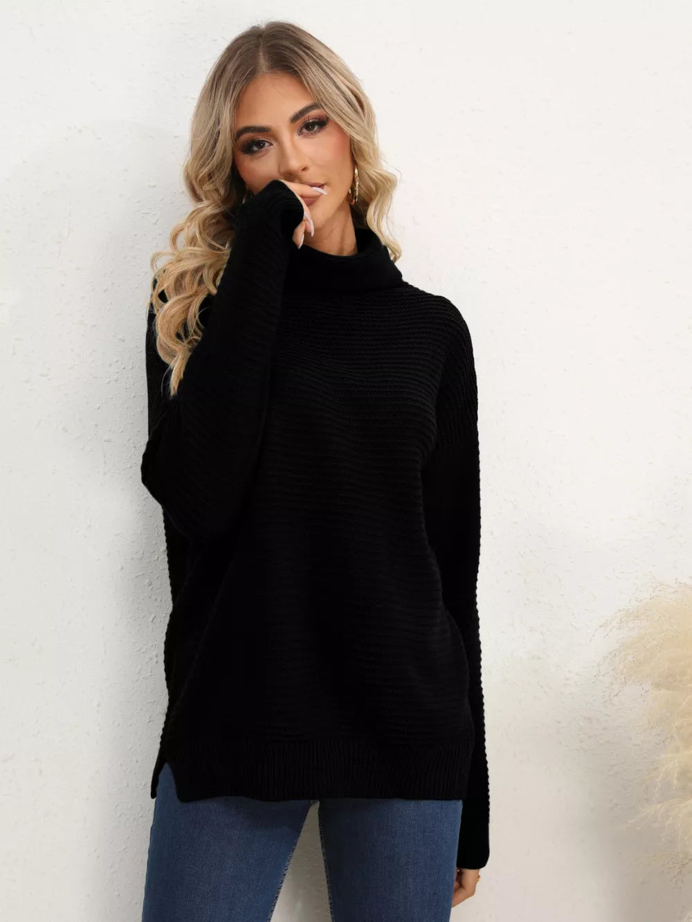 Slit Turtleneck Dropped Shoulder Sweater (33)