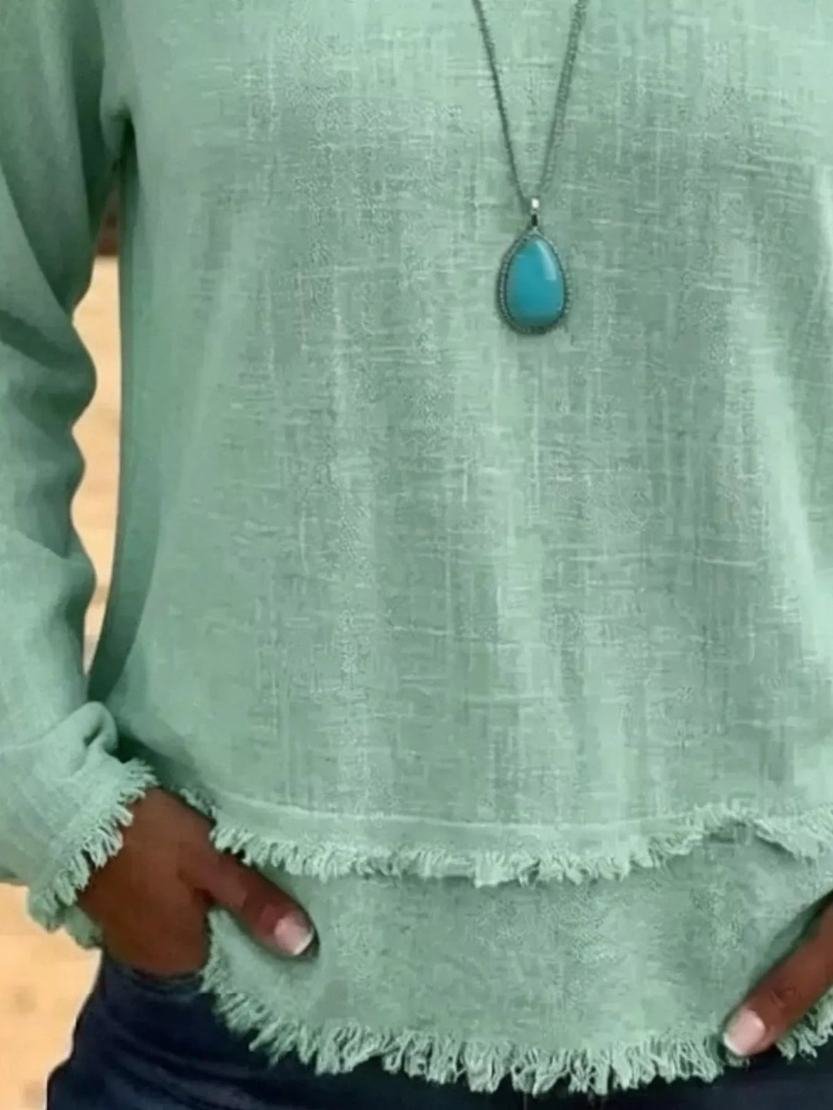 V-neck Long Sleeve Blouse Frayed Hem Detail (17)