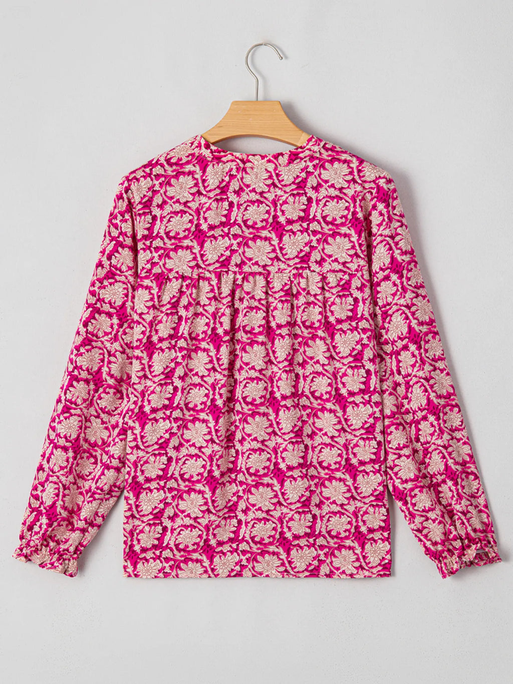 Floral Print Split Neck Pleated Long Sleeve Blouse (7)