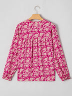 Floral Print Split Neck Pleated Long Sleeve Blouse (7)