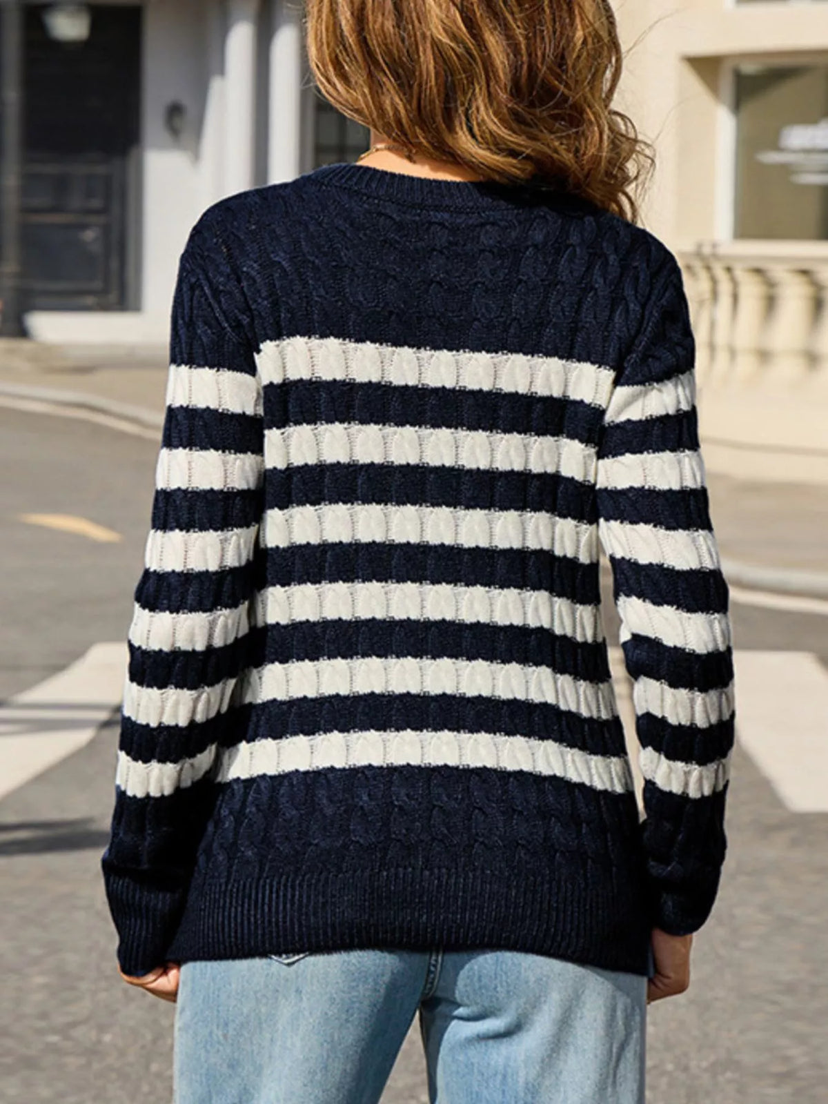 Striped Cable Knit Round Neck Sweater (9)