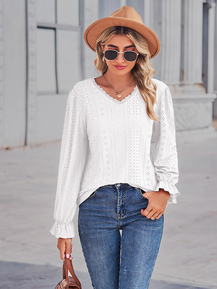 Eyelet V-neck Flounce Sleeve Blouse (5)