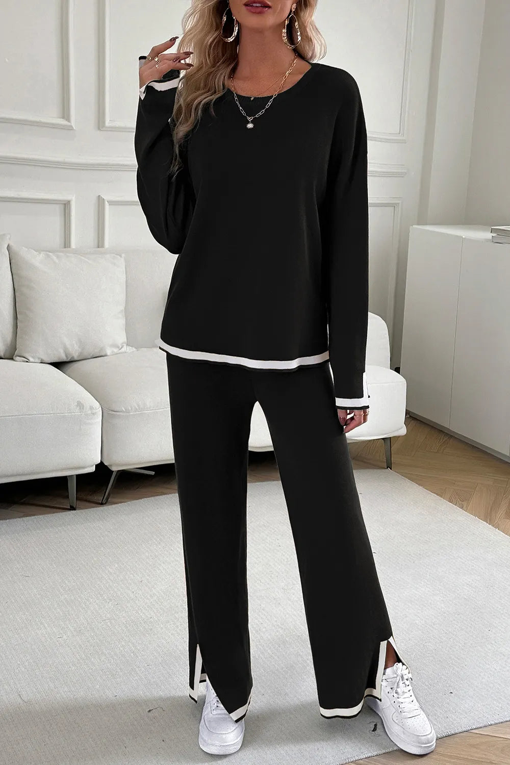 Contrast Trim Round Neck Top Pants Set (5)