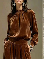 Velvet Mock Neck Long Sleeve Top Wide-leg Pants Set (9)