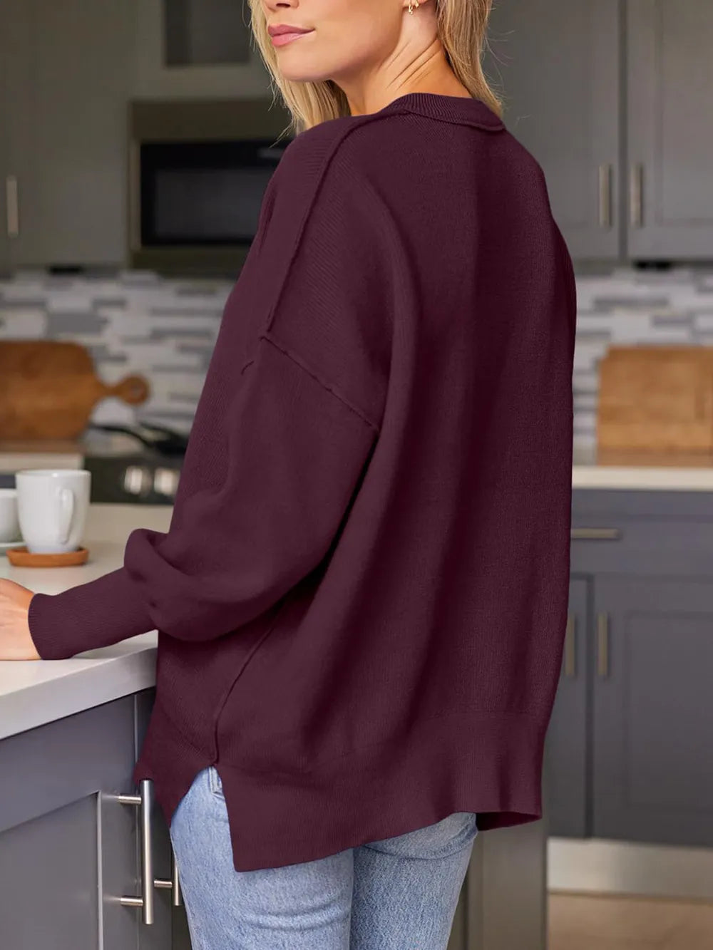 Slit Round Neck Dropped Shoulder Sweater (9)