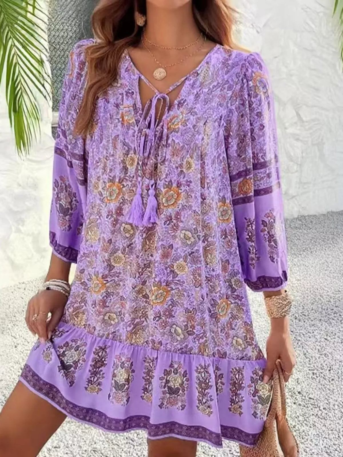 Floral Print Tassel Tie Neck Mini Dress (5)