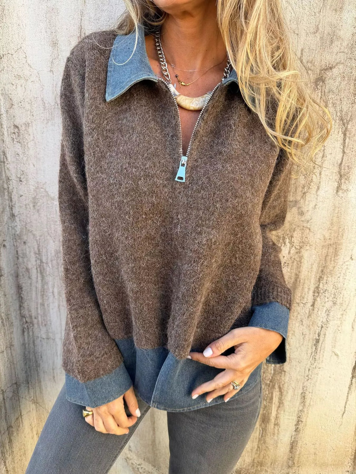 Contrast Denim Collar Half-zip Knit Sweater (2)