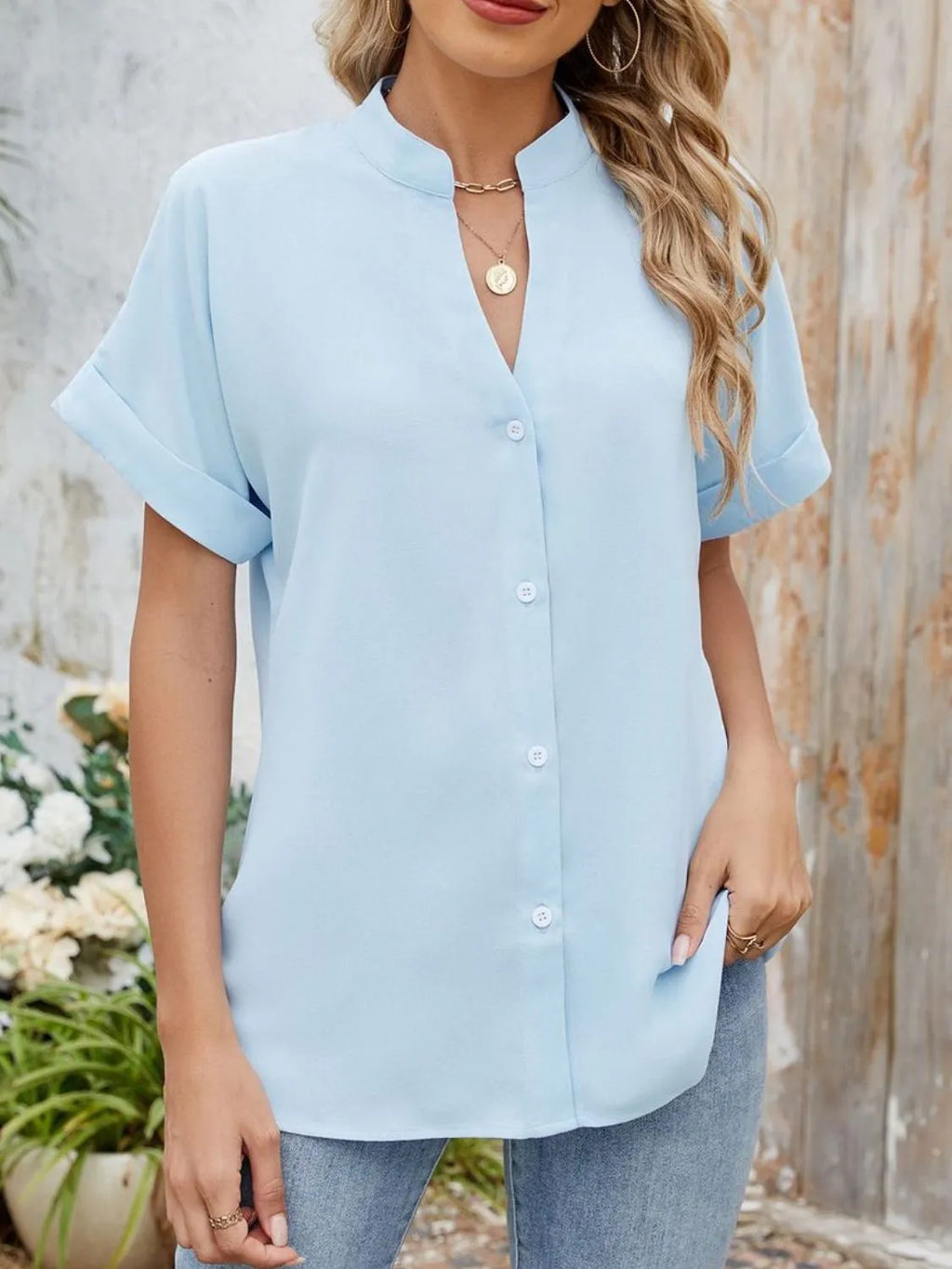 Notched Short Sleeve Blouse (5)