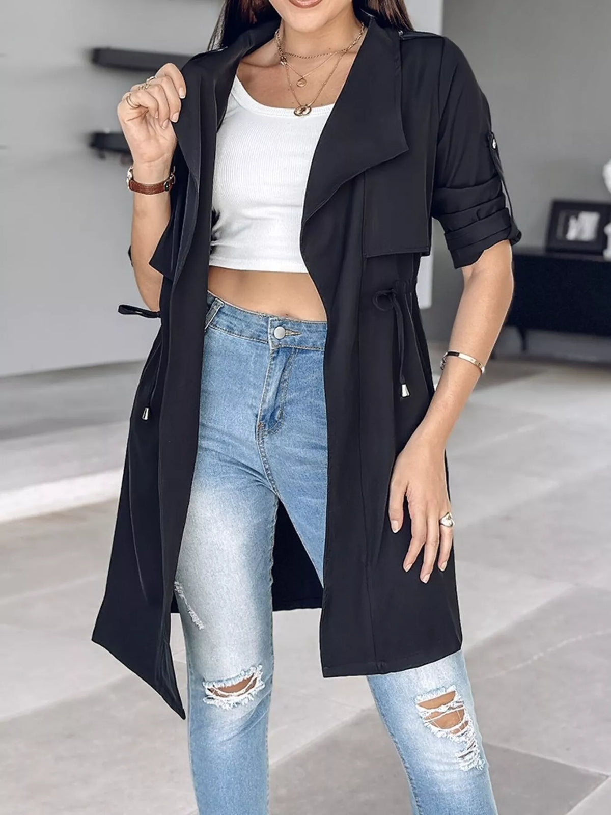 Drape Collar Lightweight Trench Coat (11)