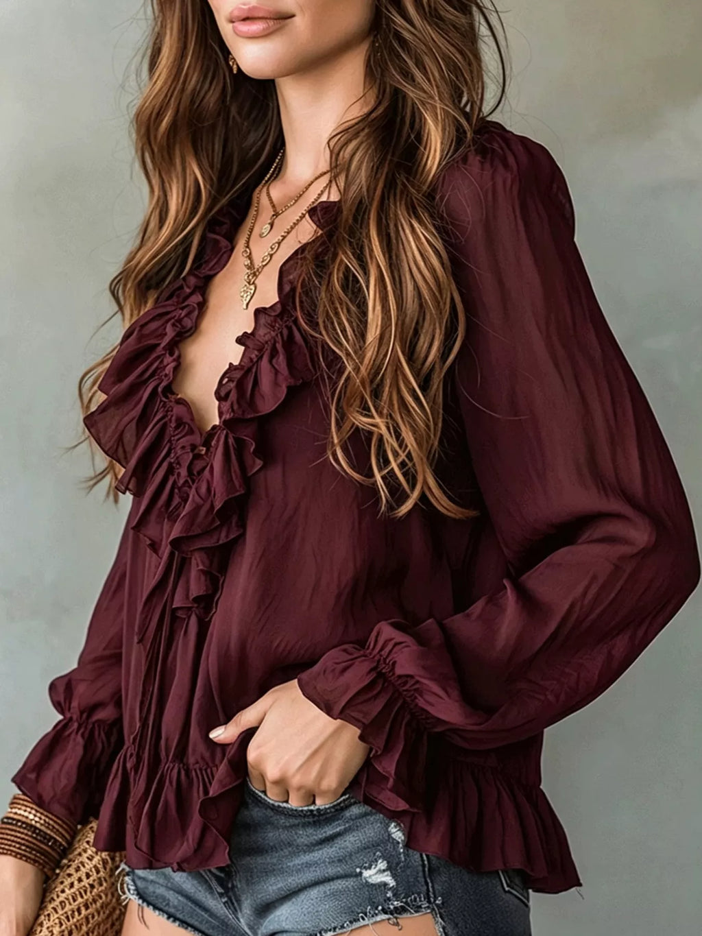 Ruffle V-neck Long Sleeve Blouse (9)