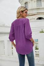 Swiss Dot Notched Neck Three-quarter Sleeve Blouse (17)